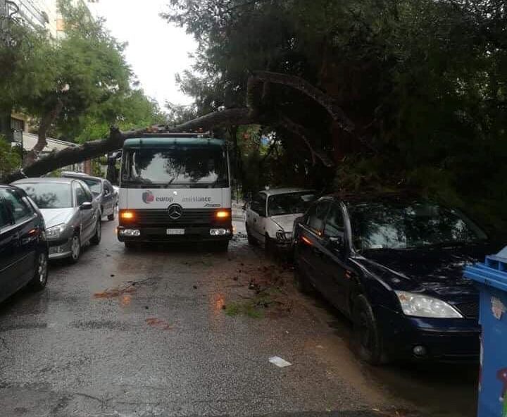Δέντρο έπεσε σε διερχόμενο όχημα της οδικής βοήθειας στην οδό Θεμιστοκλέους
